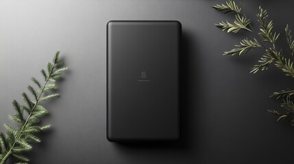 Black Phone Mockup with Green Branches on Dark Surface