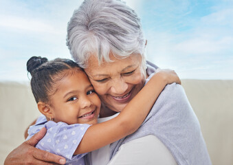 Grandmother, girl and happy in outdoor with hug for love, support and care in Brazil. People, family and smile with kid for bonding as babysitter to relax, chill and break for child development