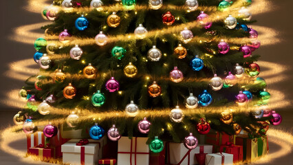 Naklejka premium Christmas Tree With Baubles And Blurred Shiny Lights, Christmas tree