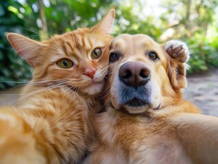 A cat and a dog are taking a selfie together