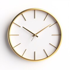 240805 100. Wall clock in metallic gold hue, white background, 3D Rendering, isometric, slim profile, backlit face, silent sweep second hand