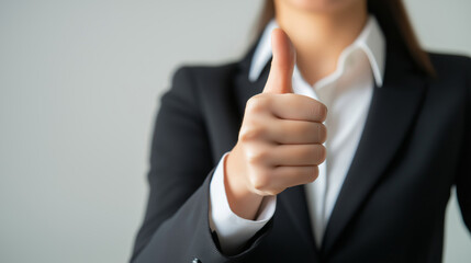 Businesswoman giving a thumbs-up in a professional setting during the daytime.