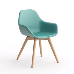 240805 109. Cyan office chair, white background, 3D Rendering, isometric, minimalist task chair design, molded plastic shell, wooden legs