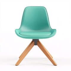 240805 109. Cyan office chair, white background, 3D Rendering, isometric, minimalist task chair design, molded plastic shell, wooden legs