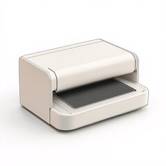 A stack of black and white plastic boxes alongside camera and printer equipment, representing office technology and power sources