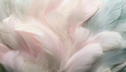 Horizontal background with fluffy pastel feathers of light pink and powder color. It can be used vertically. for eg,. for social media posts