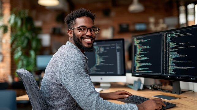 A smiling programmer working on code at his desk