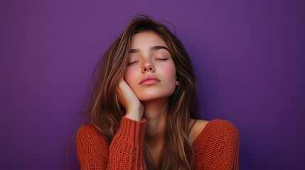 Portrait of a tired woman isolated on purple background