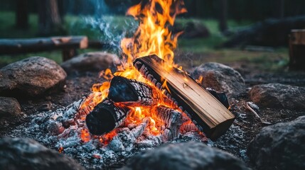 A Close-Up View of a Burning Campfire With Rocks and Ash