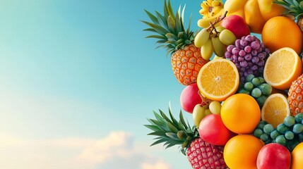 Lush tropical fruit tree with oversized, exotic, juicy fruits hanging from tall, slender branches, vibrant colors against a bright sky, highlighting nature's abundance