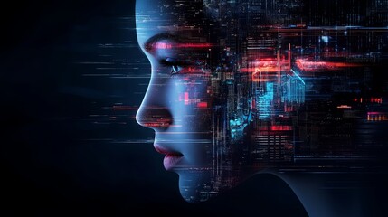 semi close-up futuristic cityscape with human and AI elements blended, concept of smart cities and future technology integration, urban background with neon lights, copy space for text,