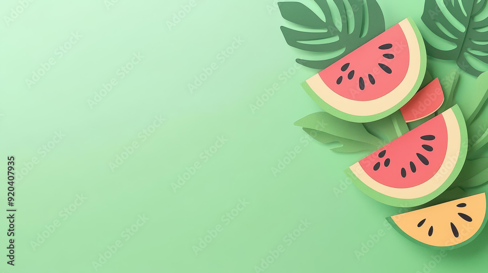 Wall mural Lively paper watermelon slices resting on a vibrant green backdrop, showcasing a modern cartoon texture for a fresh feel.