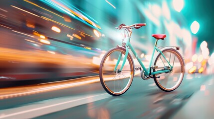 A dynamic image of a bicycle speeding through a city street at night, its headlights and taillights creating vibrant streaks of light.