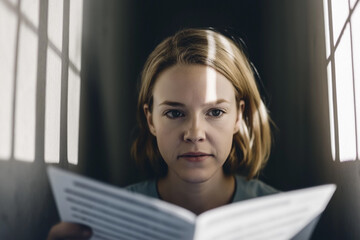 Delving into the science behind psychedelic therapy with a research paper, a woman ponders the potential for mental health breakthroughs.