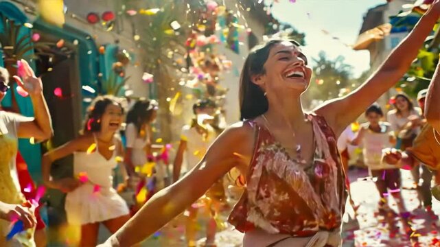 Carnival Bliss: Woman Dances with Joy Amidst Colorful Confetti Shower 