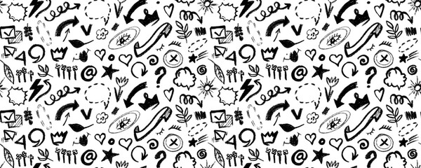 Girly geometric seamless pattern with various brush strokes and shapes, with stars, heart, flowers, arrows and eyes  in childish style.  Hand drawn punk trendy background. 