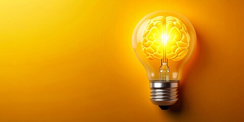 A vibrant yellow background showcases a clever concept, a glowing light bulb containing a stylized brain, symbolizing innovative thinking and creative genius.