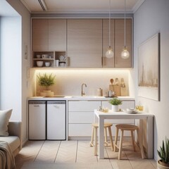 Home interior, small kitchen, open plan, white kitchen table, wooden cabinets, sink and refrigerator, residential design, minimalism. AI generated.