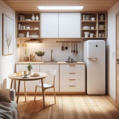 Home interior, small kitchen, open plan, white kitchen table, wooden cabinets, sink and refrigerator, residential design, minimalism. AI generated.