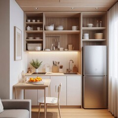 Home interior, small kitchen, open plan, white kitchen table, wooden cabinets, sink and refrigerator, residential design, minimalism. AI generated.