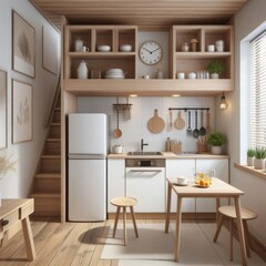 Home interior, small kitchen, open plan, white kitchen table, wooden cabinets, sink and refrigerator, residential design, minimalism. AI generated.
