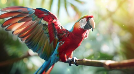 A colorful parrot perched on a branch, with its wings spread wide as it takes flight.