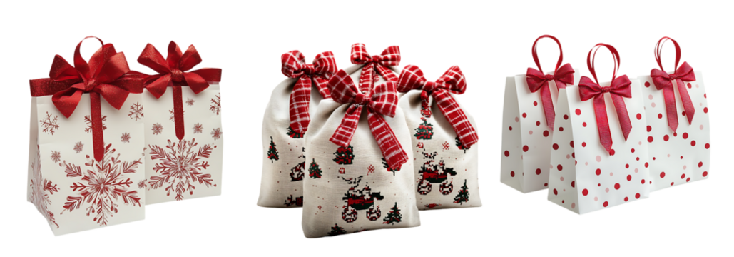 Festive Gift Bags With Red Ribbons and Holiday Designs white background,png