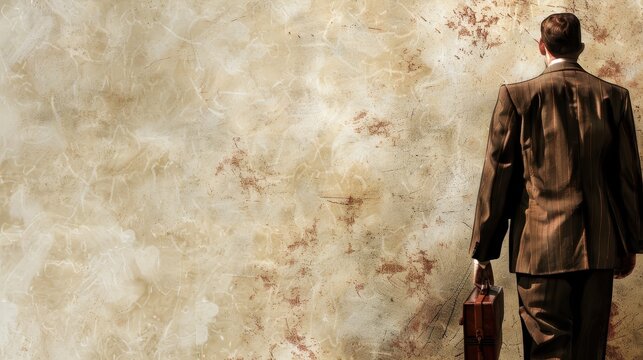 Ivory banner with a textured canvas background, displaying a businessman in a brown suit holding a briefcase. 