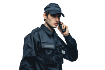 A security guard in a black uniform, holding a walkie-talkie , white background.