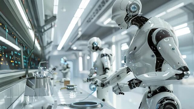 Robotics Revolution: Advanced humanoid robots operate machinery in a futuristic, sterile laboratory, hinting at a future dominated by artificial intelligence. 