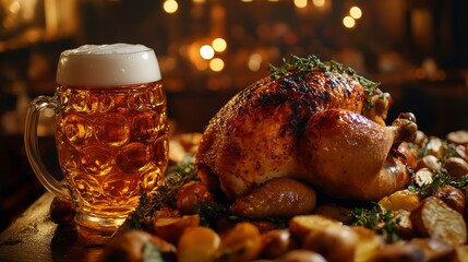 A beautifully roasted turkey served on a platter with assorted vegetables alongside a frosty mug of beer, creating a rich and inviting culinary scene