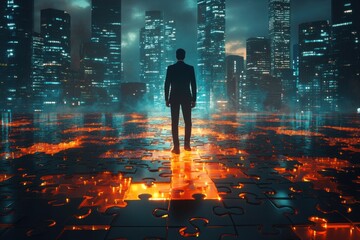 Fototapeta premium Businessman Walking on Puzzle Path Symbolizing Strategy and Problem-Solving