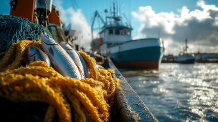 Obraz premium A scenic view of fishing gear and fresh catch on a boat, with a fishing vessel and cloudy sky in the background, capturing the essence of maritime life