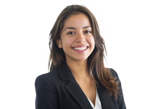 A young female Hispanic businesswoman in elegant business attire, smiling, white background. isolated on white background. - Powered by Adobe