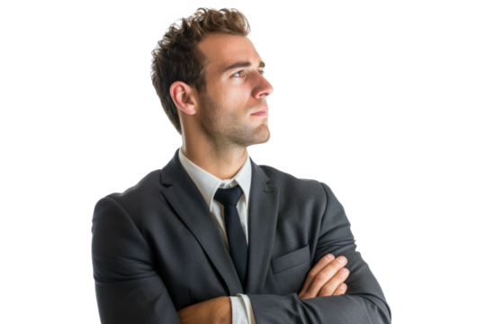 A young North American businessman in a classic suit, deep in thought, white background.
