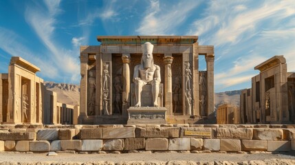 Fototapeta premium A majestic statue sits at the center of ancient ruins, surrounded by tall columns and intricate carvings