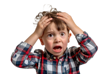 An upset little boy with an open-mouthed cry, holding his head with both hands