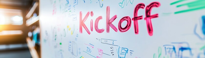 A bright, colorful wall displays the word "Kickoff," surrounded by sketches and doodles, symbolizing creativity and collaboration in a team setting