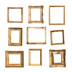 Set of minimalistic golden frames, arranged in a row on a white background