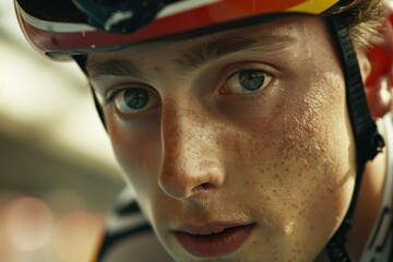 Close-up of a cyclist's face during a sports competition in a stadium.