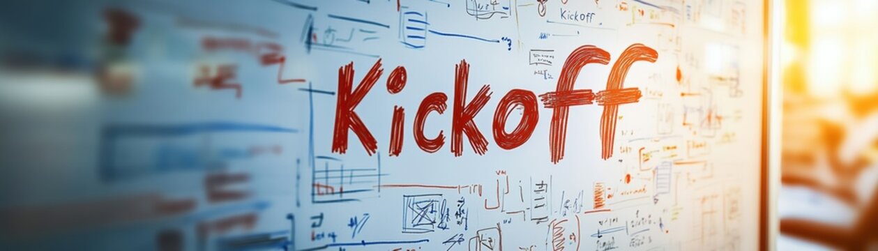 A vibrant kickoff sign with sketches and diagrams on a whiteboard, symbolizing the start of a project or meeting