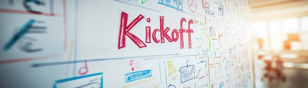 A vibrant brainstorming wall featuring the word "Kickoff" and various colorful sketches, highlighting creativity and collaboration in a workspace