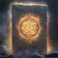 Fototapeta premium A glowing, ancient mystic symbol carved into a stone tablet