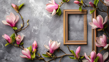 Happy Mother's day concept. Photo frame and beautiful spring magnolia flowers on grey stone...