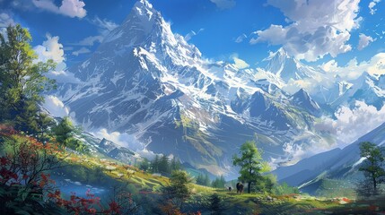 Experience the awe of a towering mountain range, where snow-capped peaks reach into the sky.