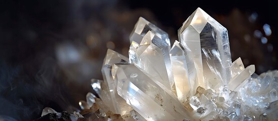 A high-resolution close-up of a rough unpolished quartz crystal set against a dark background to highlight its natural formations and clarity.