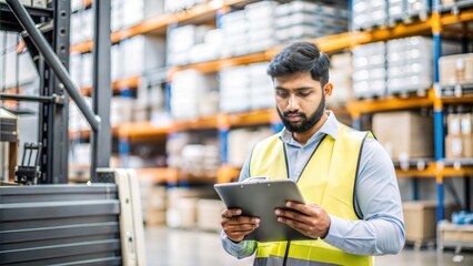 Indian Warehouse Manager Conducting Inventory Check with Warehouse Equipment in Background
