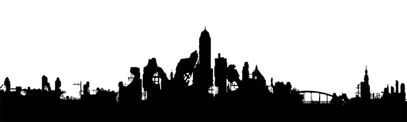 Silhouette of a destroyed city on a white background. War in the city. Vector.