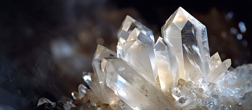 A high-resolution close-up of a rough unpolished quartz crystal set against a dark background to highlight its natural formations and clarity.