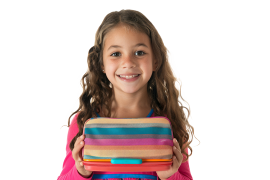 A first-grade student holding a colorful lunchbox, their face beaming with anticipation for lunch, on a white background.
